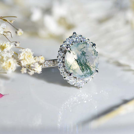 5 Carat Round Genuine Moss Agate Halo Gold Engagement Ring