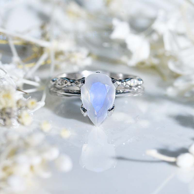 3 Carat Pear Genuine Moonstone, Genuine Moonstone 14K Rose Gold Engagement. Eternity Ring. Set of Two Rings. Leaf Floral Ring Design 3 Carat Pear Genuine Moonstone, Genuine Moonstone 14K Rose Gold Engagement. Eternity Ring. Set of Two Rings. Leaf Floral Ring Design