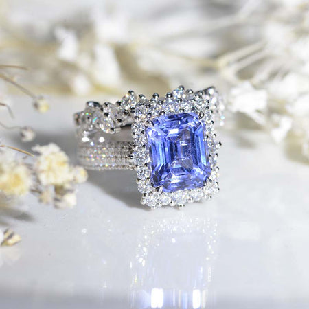 4Ct Purple Sapphire Engagement Ring Halo Emerald Cut Purple Sapphire Engagement Ring, 10x8mm Step Cut Purple Sapphire Engagement Ring with Eternity Band