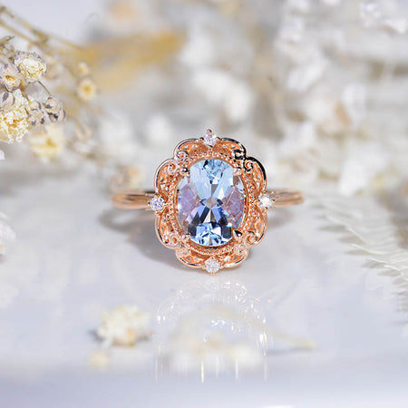 Vintage Aquamarine Engagement Ring Rose Gold wedding Ring 2ct Antique Oval cut Bridal ring Art deco Halo Ring Milgrain Anniversary ring