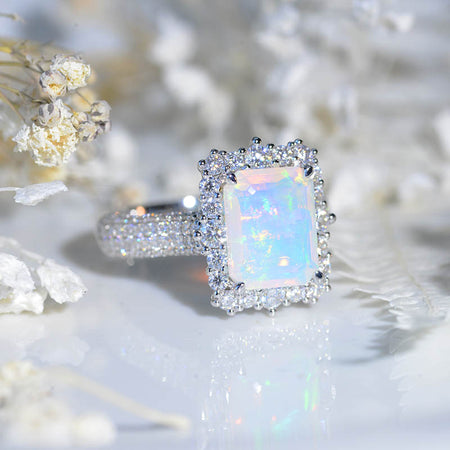 4Ct Genuine White Opal Engagement Ring Halo Emerald Step Cut Genuine White Opal  Engagement Ring