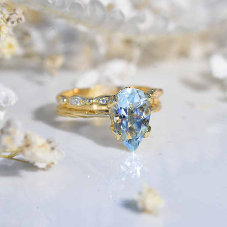 3 Carat Pear Aquamarine 14K Rose Gold Engagement. Eternity Ring. Set of Two Rings. Leaf Floral Ring Design