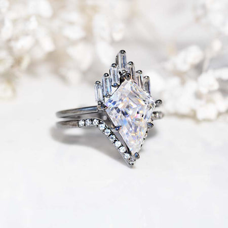 14K Black Gold 4 Carat Kite Moissanite Halo Engagement Ring, Eternity Ring Set
