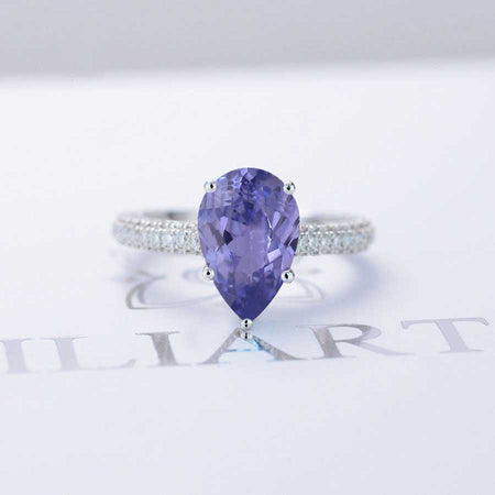 3 Carat Pear Cut Purple Sapphire Hidden Halo Gold Engagement Ring - Ready To Ship Ring Size 5.5