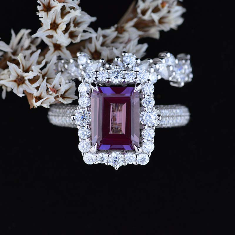 3Ct Alexandrite Engagement Ring Halo Emerald Cut Alexandrite Engagement Ring, 9x7mm Step Cut Alexandrite Engagement Ring with Eternity Band 3Ct Alexandrite Engagement Ring Halo Emerald Cut Alexandrite Engagement Ring, 9x7mm Step Cut Alexandrite Engagement Ring with Eternity Band
