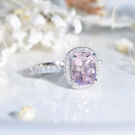 2 Carat Morganite Ring, Morganite Engagement Ring, Gold Morganite Ring, Elongated Cushion Cut Engagement Ring, Halo Morganite Ring