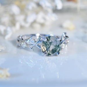 14K White Gold 3 Carat Kite Moss Agate Halo Engagement Ring, Three Rings Set 14K White Gold 3 Carat Kite Moss Agate Halo Engagement Ring, Three Rings Set