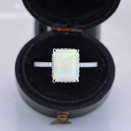 4 Carat Radiant Cut Genuine White Opal Double Hidden Halo Engagement Ring