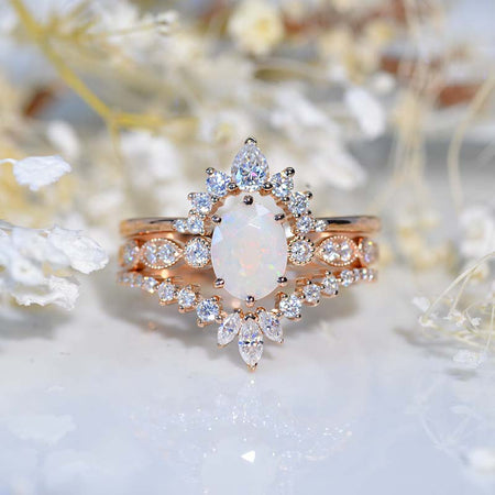 14K Yellow Gold Oval Emerald White Opal Halo Engagement Ring with Two Eternity Rings Set