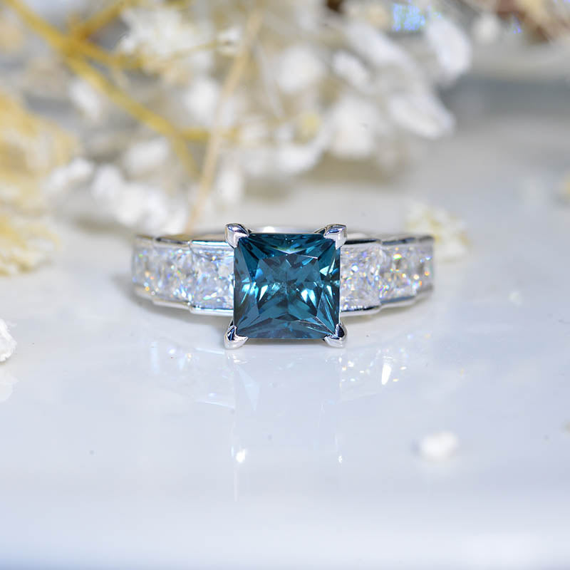 2 Carat Princess Cut Teal Sapphire Engagement Ring Art Deco  14K White Gold Model 1020 2 Carat Princess Cut Teal Sapphire Engagement Ring Art Deco  14K White Gold Model 1020