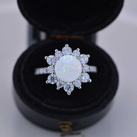 2 Carat Round Genuine White Opal Snowflake Halo Engagement Ring. Victorian 14K White Gold Ring