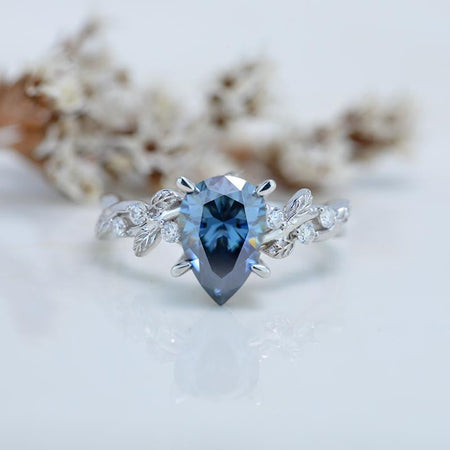 3 Carat Dark Gray-Blue Pear Cut Moissanite Floral Gold Engagement Ring