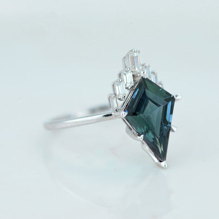 3 Carat Kite Teal Sapphire Halo Silver Gold Platinum Engagement Ring