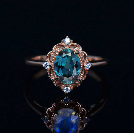 14K Solid Rose Gold Dainty Cornflower Sapphire Ring, 2ct Oval Cut Cornflower Sapphire Ring, Rose Gold Ring Unique Oval Halo Vintage Ring