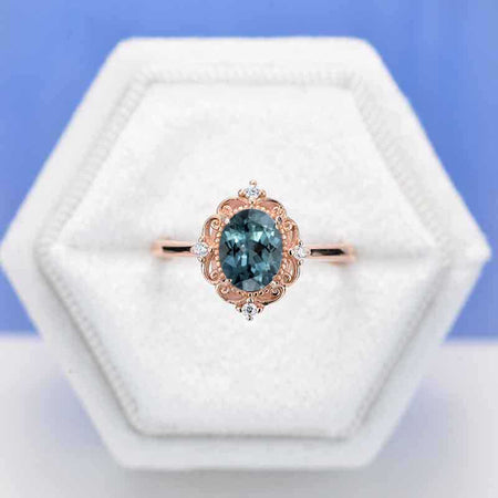 14K Rose Gold 1.5 Carat Oval Teal Sapphire Halo Engagement Ring