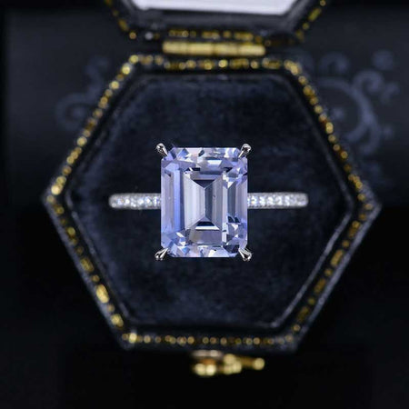 4 Carat Purple Sapphire 14K White Gold Engagement. 4ct Emerald Cut Purple Sapphire Hidden Halo Designer Ring