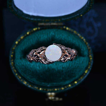 Genuine White Opal Leaf Engagement Ring 14K Rose Gold
