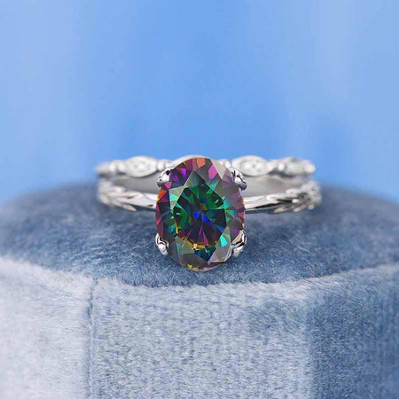 2 Carat Oval Mystic Topaz Engagement Eternity Gold Rings Set