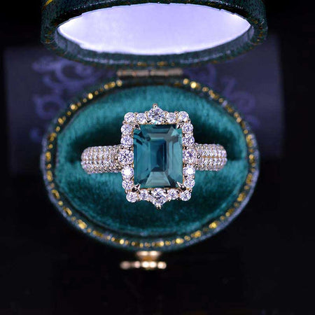 3Ct Teal Sapphire Engagement Ring Halo Emerald Step Cut Teal Sapphire Engagement Ring