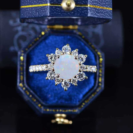 2 Carat Round Genuine White Opal Snowflake Halo Engagement Ring. Victorian 14K Yellow Gold Ring