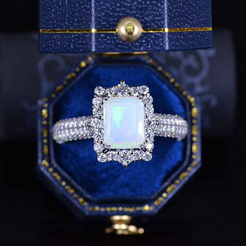 3Ct White Opal Engagement Ring Halo Emerald Cut Opal Engagement Ring, 9x7mm Step Cut White Opal Engagement Ring with Eternity Band 3Ct White Opal Engagement Ring Halo Emerald Cut Opal Engagement Ring, 9x7mm Step Cut White Opal Engagement Ring with Eternity Band