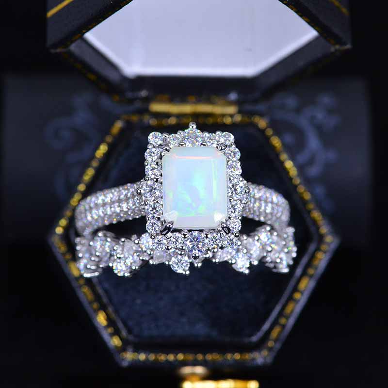 3Ct White Opal Engagement Ring Halo Emerald Cut Opal Engagement Ring, 9x7mm Step Cut White Opal Engagement Ring with Eternity Band 3Ct White Opal Engagement Ring Halo Emerald Cut Opal Engagement Ring, 9x7mm Step Cut White Opal Engagement Ring with Eternity Band