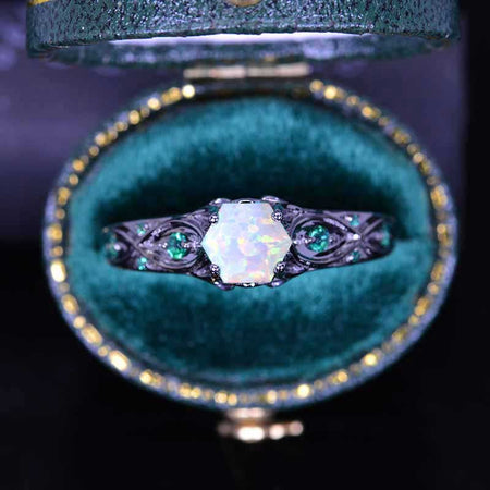 14K Black Gold Hexagonal Genuine White Opal Celtic Engagement Ring