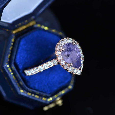 14K Solid Rose Gold 3 Carat Purple Sapphire Pear Cut Halo Ring