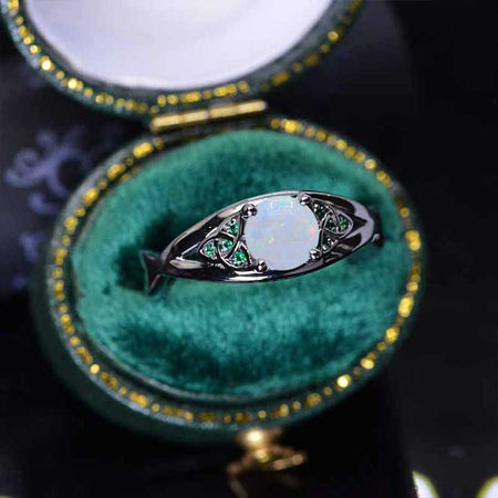 14K Black Gold Celtic Engagement Ring with Genuine White Opal