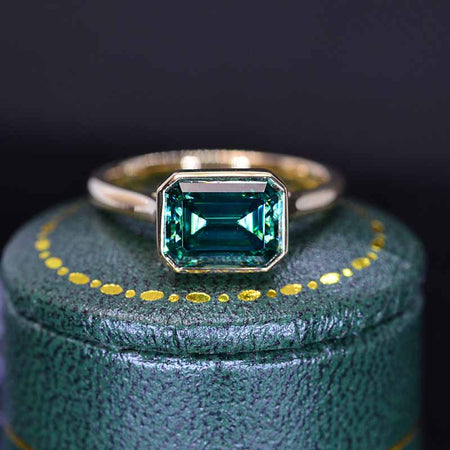 3 Carat Green Moissanite Engagement Ring, Bezel Set Emerald Cut Moissanite Engagement Ring, Moissanite Classic Engagement 14K Yellow Gold Ring