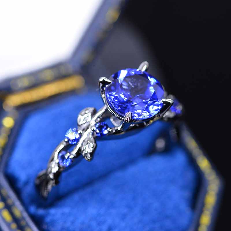 2 Carat Round Brilliant Cut Sapphire Floral Black Gold Engagement Ring 2 Carat Round Brilliant Cut Sapphire Floral Black Gold Engagement Ring