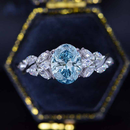 Celtic 2 Carat Oval Lab-Grown Fancy Vivid Blue Diamond 14K White Gold Engagement Ring