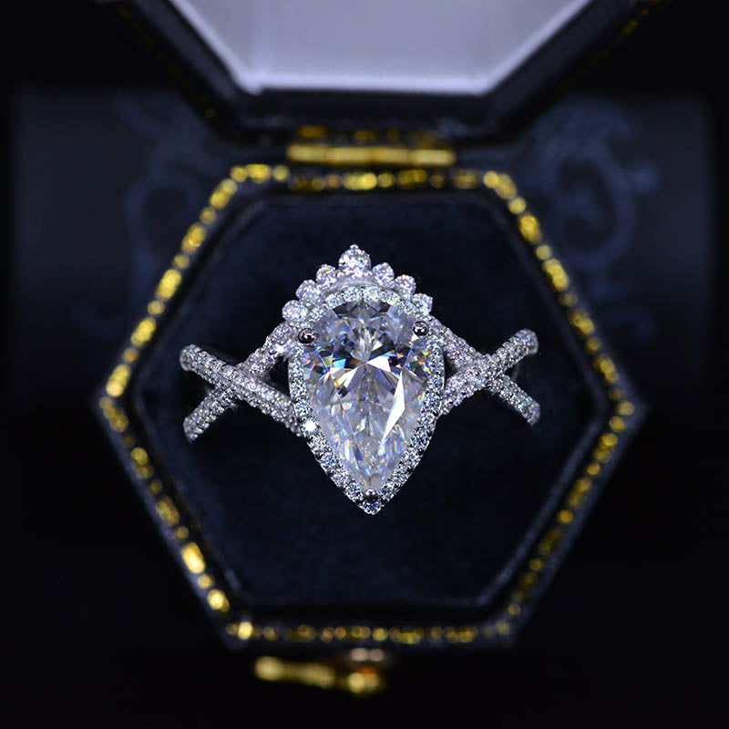 14K White Gold 3 Carat Pear Moissanite Halo Twisted Engagement Ring Eternity Ring 14K White Gold 3 Carat Pear Moissanite Halo Twisted Engagement Ring Eternity Ring