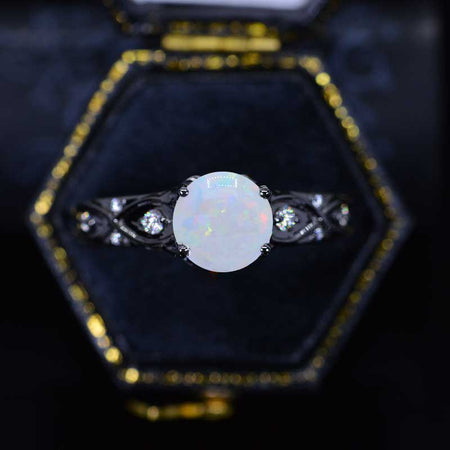 2 Carat 14K Black Gold Genuine White Opal Celtic Engagement Ring