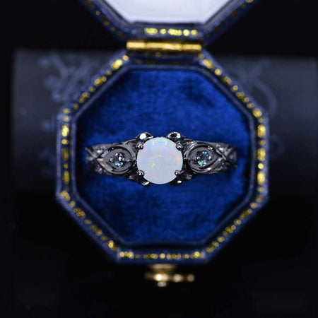 14K Black Gold  Genuine White Opal Celtic Engagement Ring