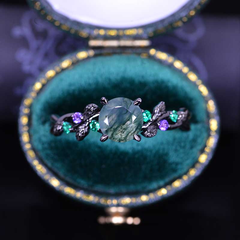 Genuine Moss Agate Floral Black Gold Engagement  Ring Genuine Moss Agate Floral Black Gold Engagement  Ring