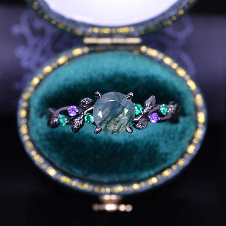 Genuine Moss Agate Floral Black Gold Engagement  Ring Model 446-7