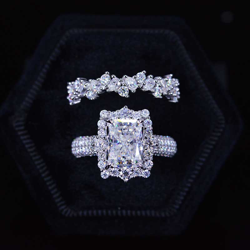 3Ct Moissanite Engagement Ring Halo Radiant Cut Moissanite Engagement Ring, 9x7mm Radiant Cut Moissanite Engagement Ring with Eternity Band 3Ct Moissanite Engagement Ring Halo Radiant Cut Moissanite Engagement Ring, 9x7mm Radiant Cut Moissanite Engagement Ring with Eternity Band