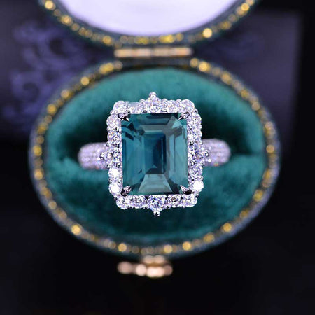 4Ct Teal Sapphire Engagement Ring Halo Emerald Step Cut Engagement Ring