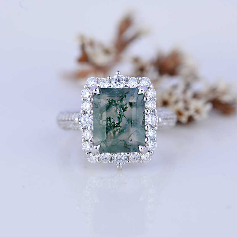 4Ct Natural Moss Agate Engagement Ring Halo Emerald Step Cut Engagement Ring 4Ct Natural Moss Agate Engagement Ring Halo Emerald Step Cut Engagement Ring