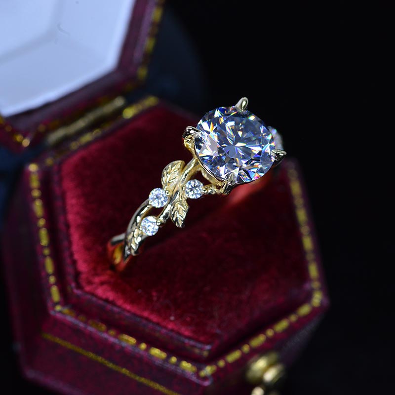 2 Carat Gray Round Brilliant Cut Moissanite Floral Yellow Gold Engagement Ring 2 Carat Gray Round Brilliant Cut Moissanite Floral Yellow Gold Engagement Ring