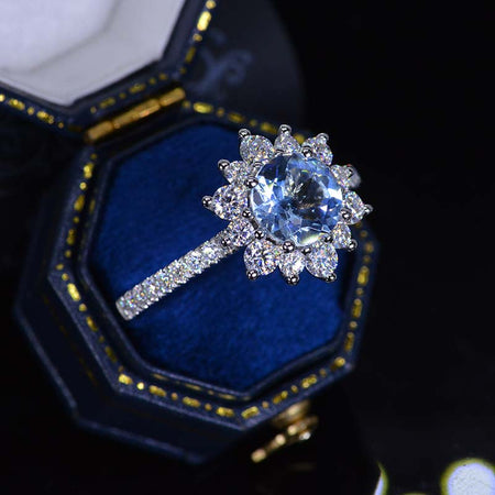 2 Carat Round Aquamarine Snowflake Halo Engagement Ring. Victorian 14K White Gold Ring