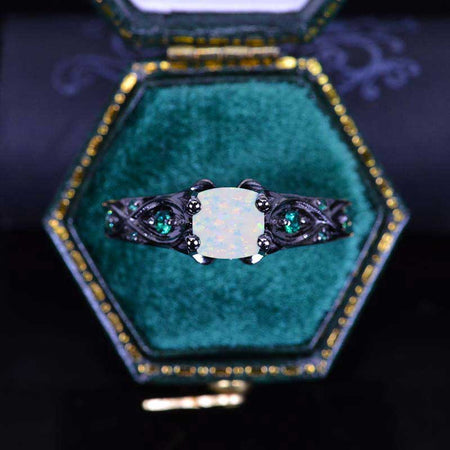 14K Black Gold Cushion Genuine White Opal Celtic Engagement Ring