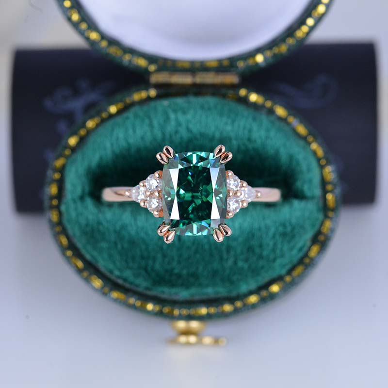 2.5Ct Cushion Green Moissanite Vintage Engagement Ring, Cushion Moissanite Engagement Ring, Marquise Side Accents Stones 14K Rose Gold Ring 2.5Ct Cushion Green Moissanite Vintage Engagement Ring, Cushion Moissanite Engagement Ring, Marquise Side Accents Stones 14K Rose Gold Ring