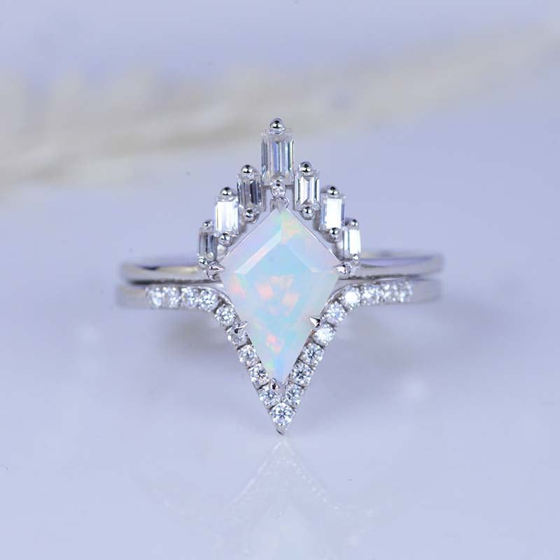 2.5 Carat Kite Genuine Natural White Opal Halo 14K White Gold Engagement Ring, Eternity Ring Set 2.5 Carat Kite Genuine Natural White Opal Halo 14K White Gold Engagement Ring, Eternity Ring Set