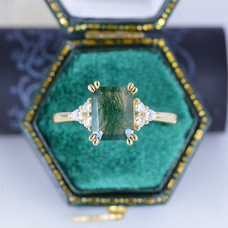 3 Ct Emerald Step Cut Green Moss Agate Vintage Engagement Ring,  Marquise Side Accents Stones 14K Rose Gold Ring