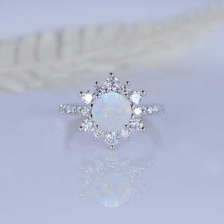 2 Carat Round Genuine White Opal Snowflake Halo Engagement Ring. Victorian 14K White Gold Ring