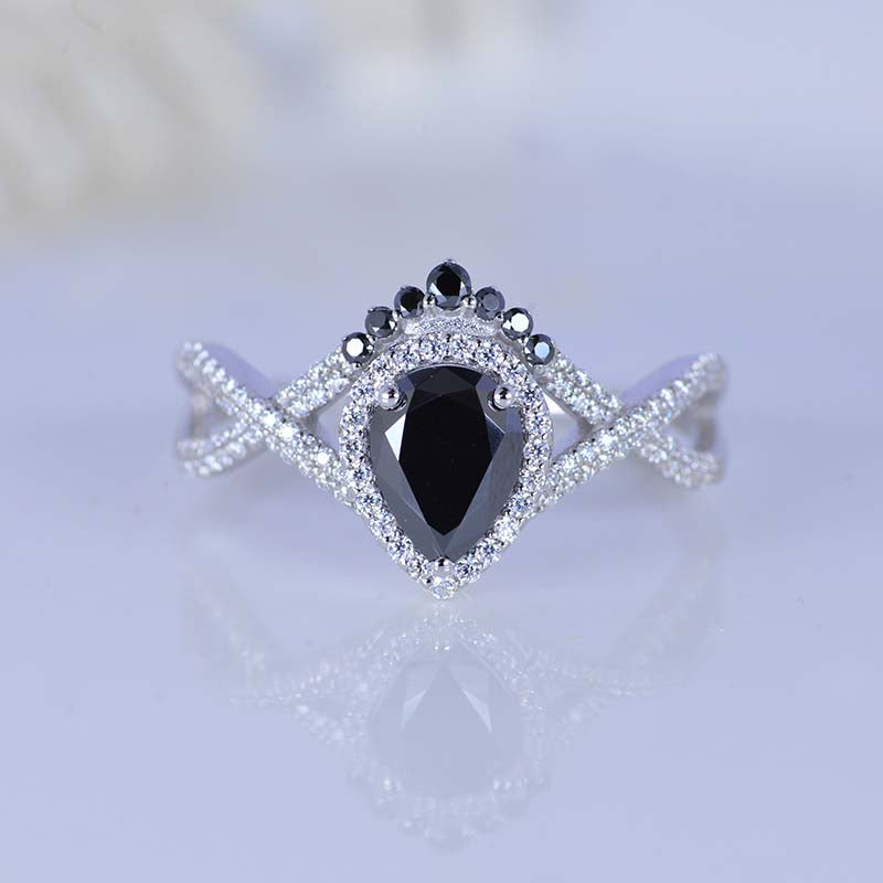 14K Solid Gold Ring 1.5CT Pear Black Moissanite Halo Engagement Ring. Vintage Anniversary Eternity Gold Ring Set. 14K Solid Gold Ring 1.5CT Pear Black Moissanite Halo Engagement Ring. Vintage Anniversary Eternity Gold Ring Set.