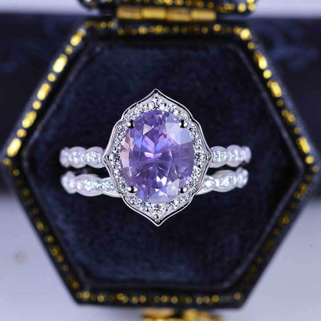 14K Solid Gold Ring 1.5CT Oval Purple Sapphire Wedding Ring Purple Sapphire Halo Engagement Ring Anniversary Promise Eternity Gold Ring Set