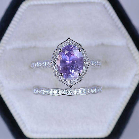 14K Solid Gold Ring 1.5CT Oval Purple Sapphire Wedding Ring Purple Sapphire Halo Engagement Ring Anniversary Promise Eternity Gold Ring Set